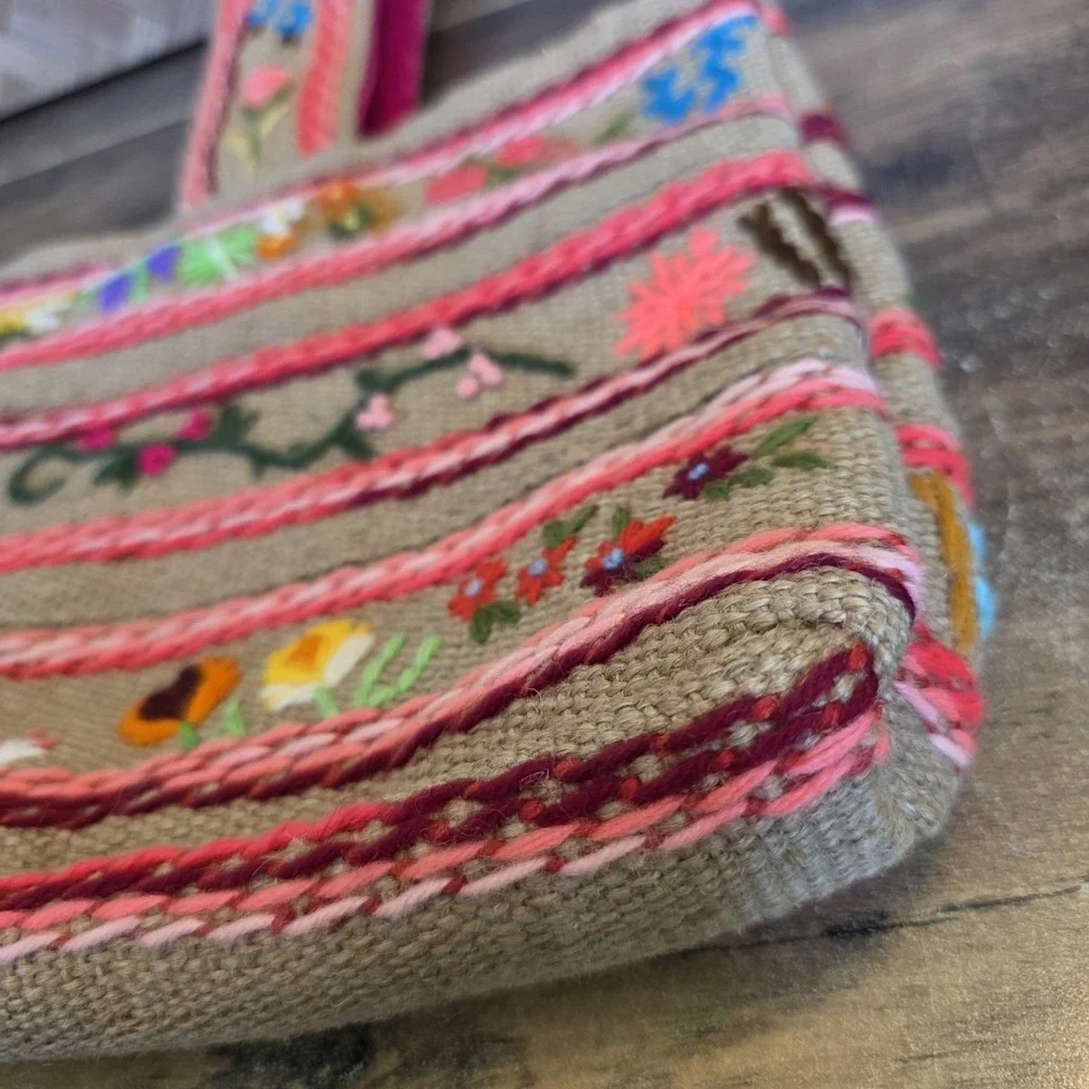 Colorful‎ Jute Burlap Bag Yarn Embroidery Boho Flowers Corduroy Lined Pocket